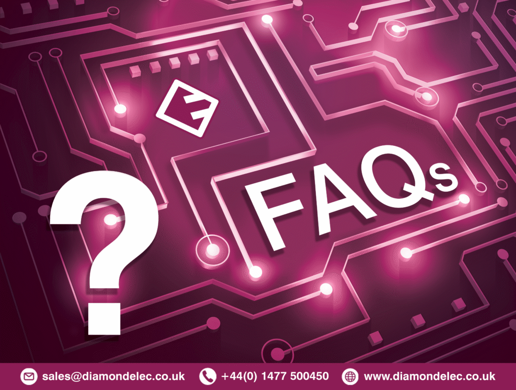 Computer Electronic Design with question mark, Diamond Electronics logo, and text "FAQs"