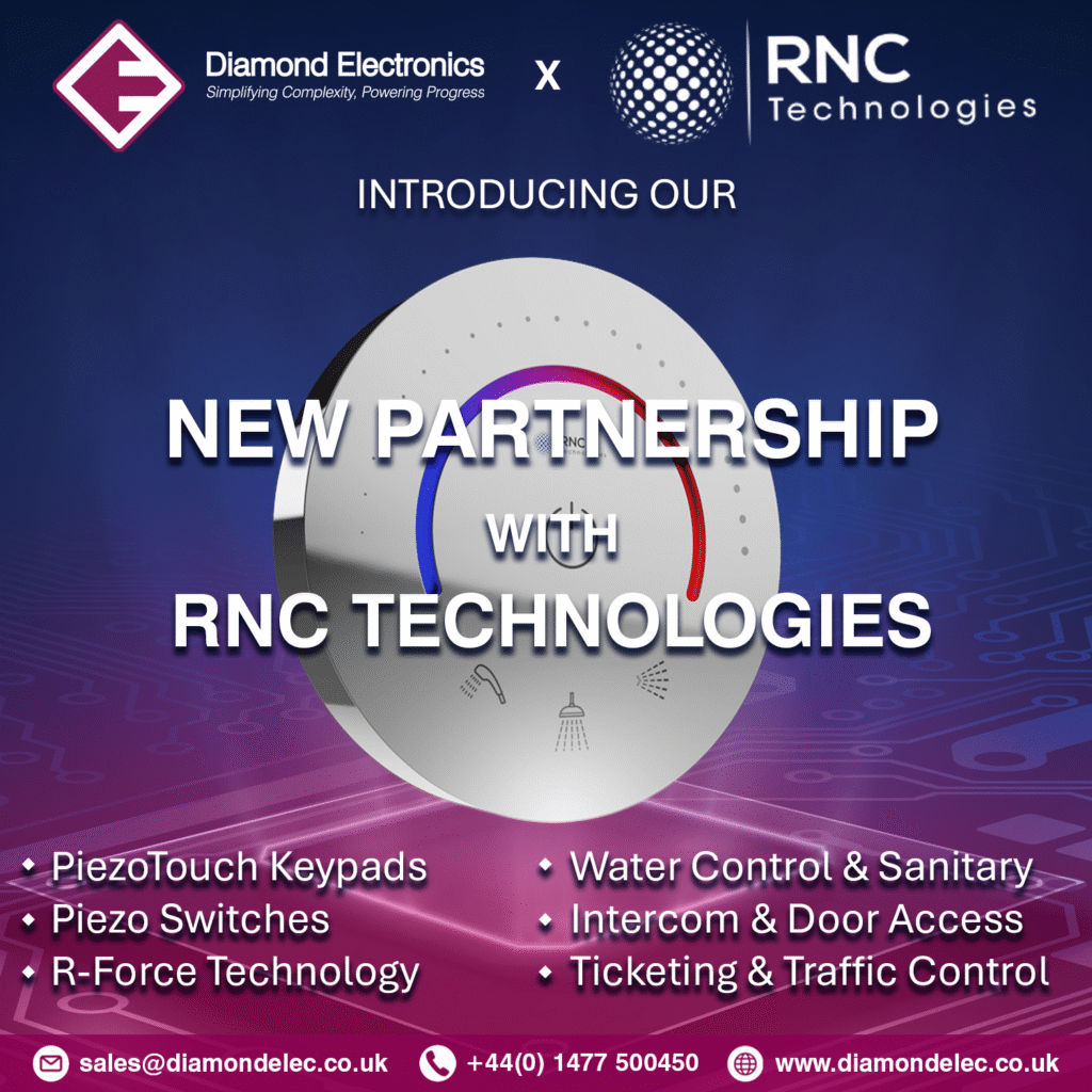 A piezotouch control panel suitable for water applications like showers.