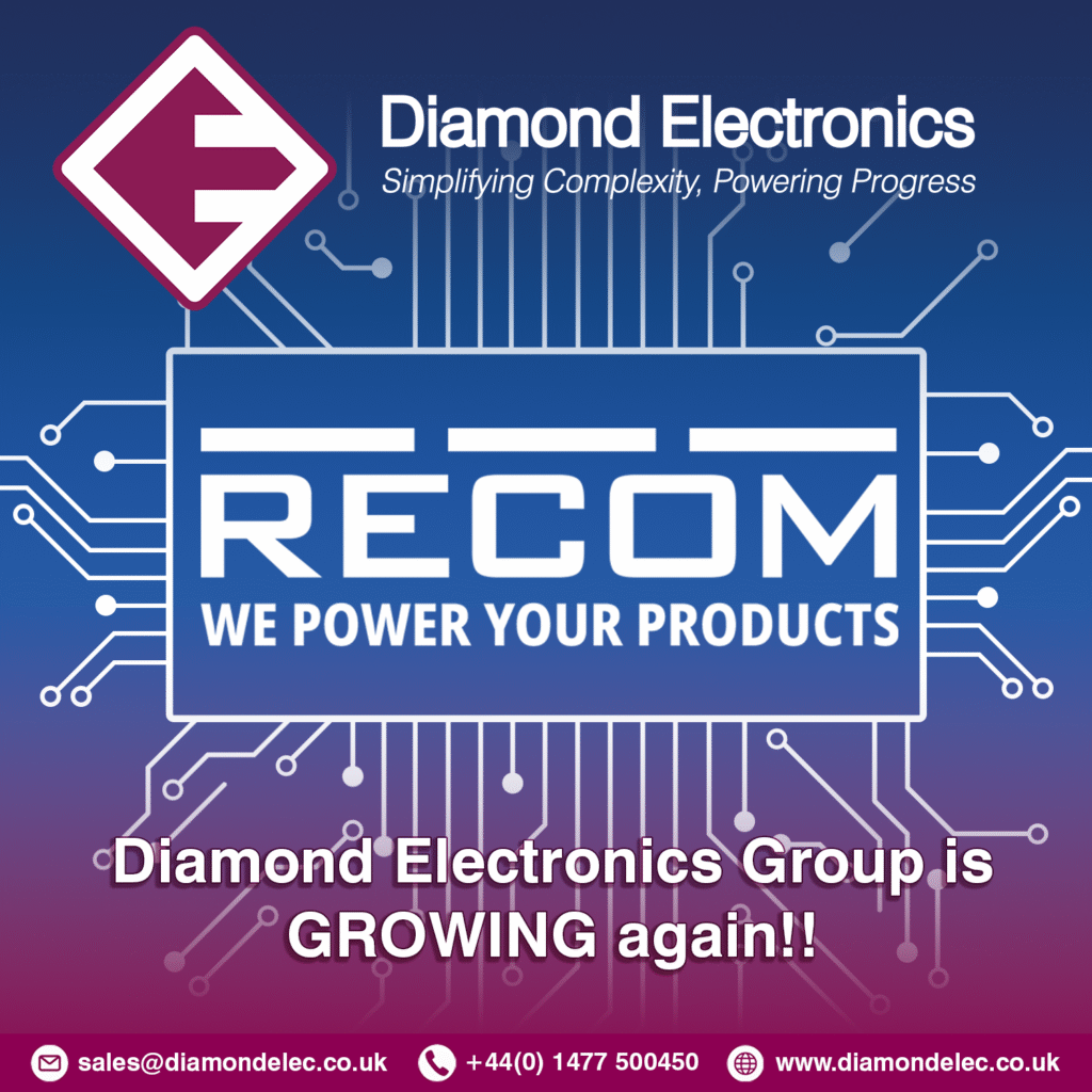 Recom logo on Electronics background.